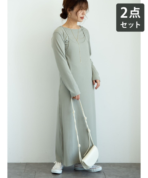 Green　Parks（グリーンパークス）の「SET2点　ロンＴ＋カットキャミワンピ＊（ワンピース・レディース・チャコールグレー/カーキ・FREE）」の2枚目の写真