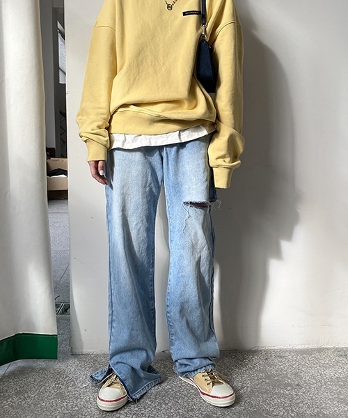 MASONPRINCE】Cut up edging unilateral slit denim pants