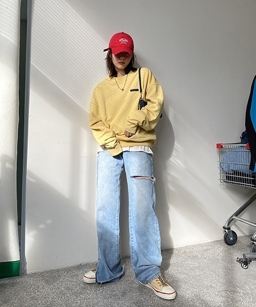 MASONPRINCE】Cut up edging unilateral slit denim pants