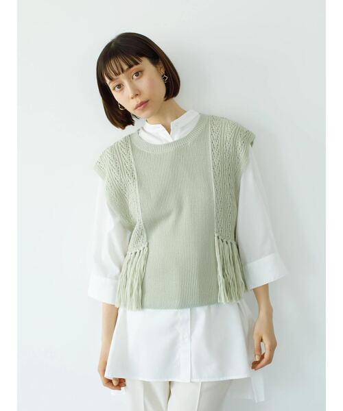 koe（コエ）の「透かし編みフリンジベスト*（ベスト・レディース・ライトカーキ/ホワイト・FREE）」の3枚目の写真