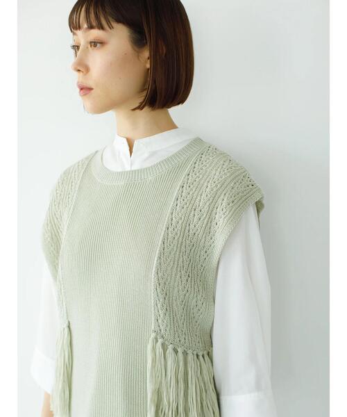 koe（コエ）の「透かし編みフリンジベスト*（ベスト・レディース・ライトカーキ/ホワイト・FREE）」の6枚目の写真