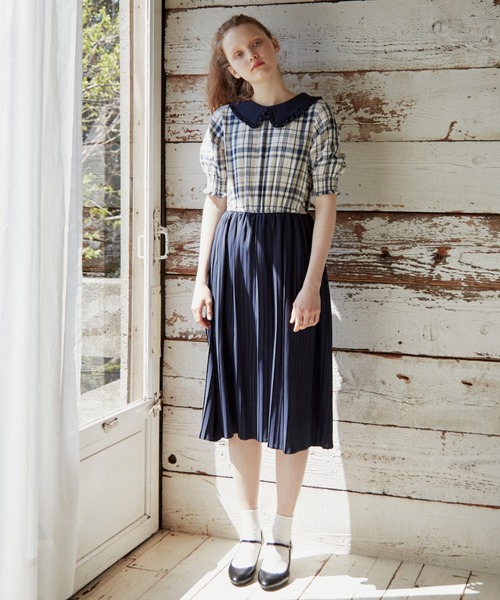 idem（イデム）の「big collar check onepiece/ビッグカラー