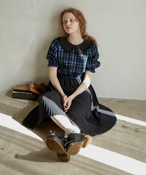【idem】チェックワンピース back cut check onepiece／バックデザインノースリーブ