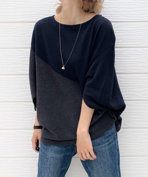 Q（キュー）の「インターシャバイカラーニット（ニット/セーター・レディース・カーキ/アイボリー/ネイビー・MEDIUM）」の3枚目の写真