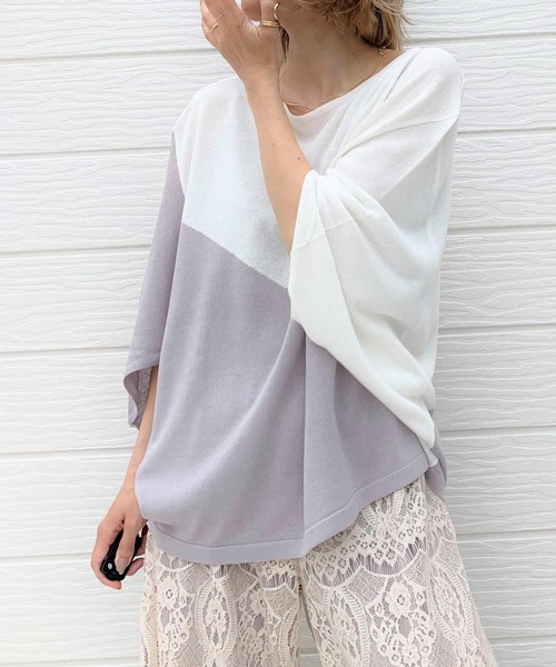 Q（キュー）の「インターシャバイカラーニット（ニット/セーター・レディース・カーキ/アイボリー/ネイビー・MEDIUM）」の2枚目の写真