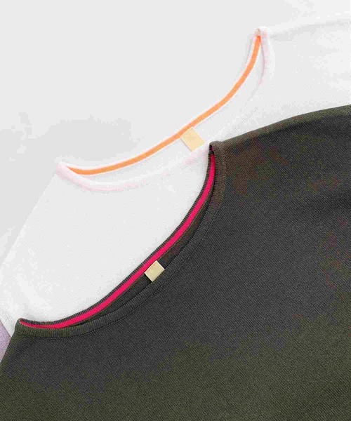 Q（キュー）の「インターシャバイカラーニット（ニット/セーター・レディース・カーキ/アイボリー/ネイビー・MEDIUM）」の7枚目の写真