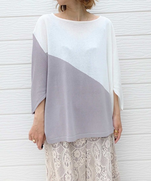 Q（キュー）の「インターシャバイカラーニット（ニット/セーター・レディース・カーキ/アイボリー/ネイビー・MEDIUM）」の4枚目の写真