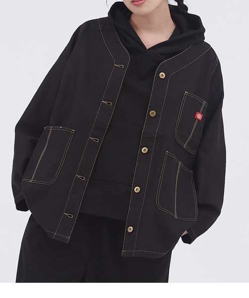 Dickies(ディッキーズ)の「Dickies/ディッキーズ コットンツイル ワークラグランハーフノーカラーコート(ノーカラーコート・レディース・ブラウン/オフホワイト/ブラック・M/L)」の2枚目の写真