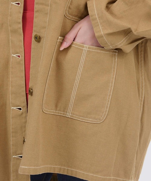 Dickies(ディッキーズ)の「Dickies/ディッキーズ コットンツイル ワークラグランハーフノーカラーコート(ノーカラーコート・レディース・ブラウン/オフホワイト/ブラック・M/L)」の13枚目の写真