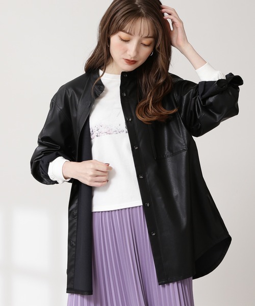 N.（N. Natural Beauty Basic）（エヌエヌナチュラルビューティーベーシック）の「◆フェイクレザーバンドカラーシャツ（シャツ/ブラウス・レディース・ブラック/ナチュラル/グレイッシュブルー・MEDIUM）」の2枚目の写真