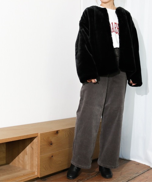 Per sist ence（パーシエンス）の「Per sist ence/パーシエンス　フェイクファー 8分袖ノーカラーコート（ノーカラージャケット・レディース・ブラック/ブラウン/アイボリー・FREE）」の18枚目の写真