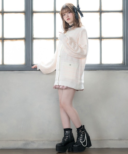 DearMyLove（ディアマイラブ）の「ツイード柄チュニックニットカーディガン（カーディガン/ボレロ・レディース・ホワイト/ベビーピンク/ピンク/ブラック・MEDIUM/LARGE/X-LARGE）」の8枚目の写真