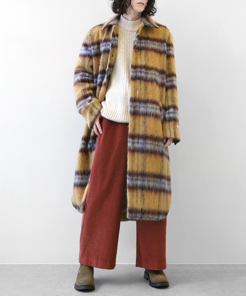 minsobi（ミンソビ）の「チェックシャギーロングコート（ステンカラーコート・メンズ・ブラウン/アイボリー・FREE）」の7枚目の写真