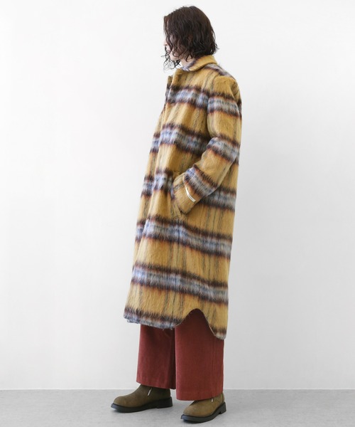 minsobi（ミンソビ）の「チェックシャギーロングコート（ステンカラーコート・メンズ・ブラウン/アイボリー・FREE）」の14枚目の写真