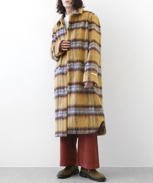 minsobi（ミンソビ）の「チェックシャギーロングコート（ステンカラーコート・メンズ・ブラウン/アイボリー・FREE）」の3枚目の写真