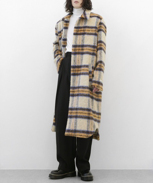 minsobi（ミンソビ）の「チェックシャギーロングコート（ステンカラーコート・メンズ・ブラウン/アイボリー・FREE）」の16枚目の写真