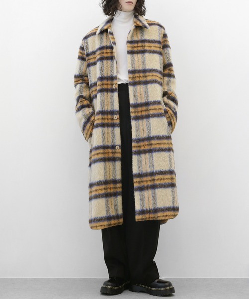 minsobi（ミンソビ）の「チェックシャギーロングコート（ステンカラーコート・メンズ・ブラウン/アイボリー・FREE）」の6枚目の写真