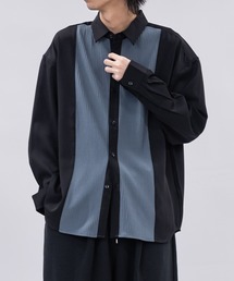 【a】ナチュラルストレッチポリエステルカットプリーツ切り替えシャツ 長袖