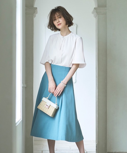 ルイルエブティック RUIRUE BOUTIQUE フロントタックギャザーハーフスリーブブラウス （グリーン） ルイルエブティック RUIRUE BOUTIQUE フロントタックギャザー
