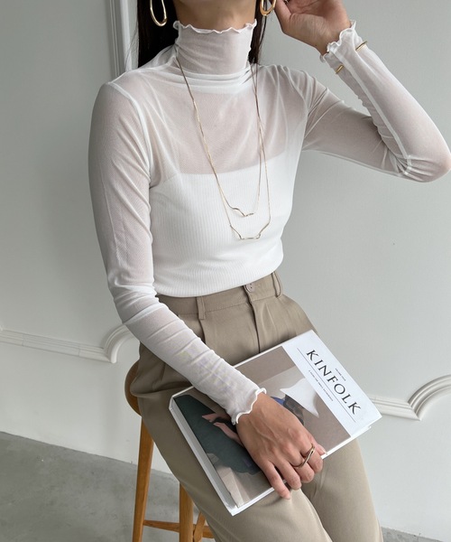 MYMOOD.(マイムード)の「メロウハイネックシアーTOPS(Tシャツ/カットソー・レディース・モカ/ライトカーキ/ピンク/ホワイト/アイボリー/ブラック・FREE)」の8枚目の写真