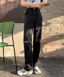 【URGE：】ハイウエスト ダメージ デニムパンツ