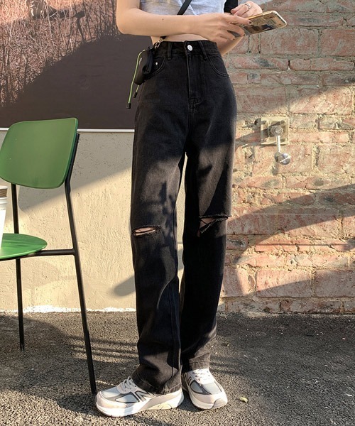 urge:(アージコロン )の「【URGE:】ハイウエスト ダメージ デニムパンツ(デニムパンツ・レディース・ブラック・SMALL/MEDIUM/LARGE/X-LARGE)」の1枚目の写真