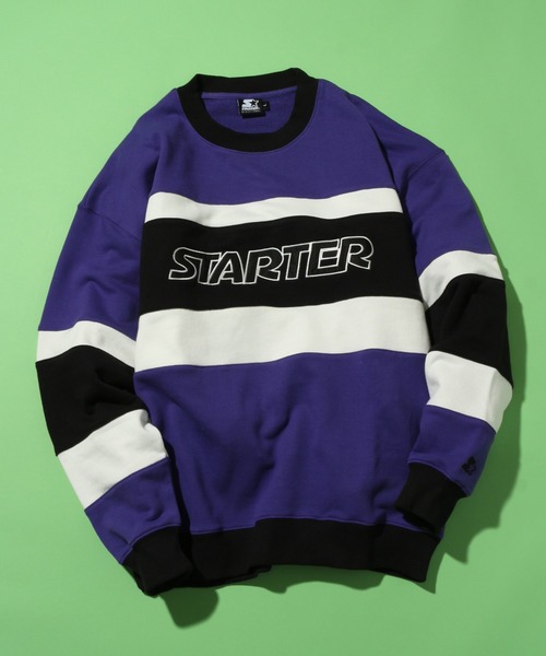 古着 切替 配色 刺繍デザイン トレーナー スウェット 黒 紫 派手 STARTER（スターター）の「【STARTER /スターター】配色切替 裏
