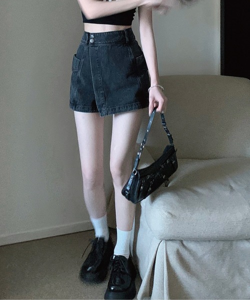 meJane（ミージェーン）の「ハイウエストデニムラップスカパン（デニムスカート・レディース・ブルー/スミクロ・S/M/L）」の3枚目の写真