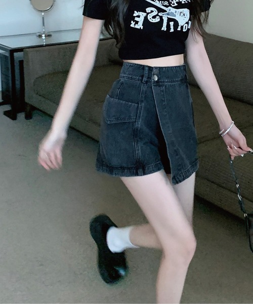 meJane（ミージェーン）の「ハイウエストデニムラップスカパン（デニムスカート・レディース・ブルー/スミクロ・S/M/L）」の4枚目の写真