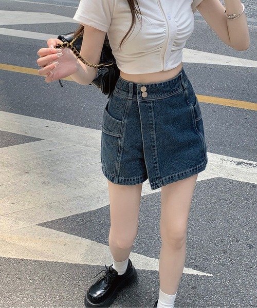 meJane（ミージェーン）の「ハイウエストデニムラップスカパン（デニムスカート・レディース・ブルー/スミクロ・S/M/L）」の6枚目の写真