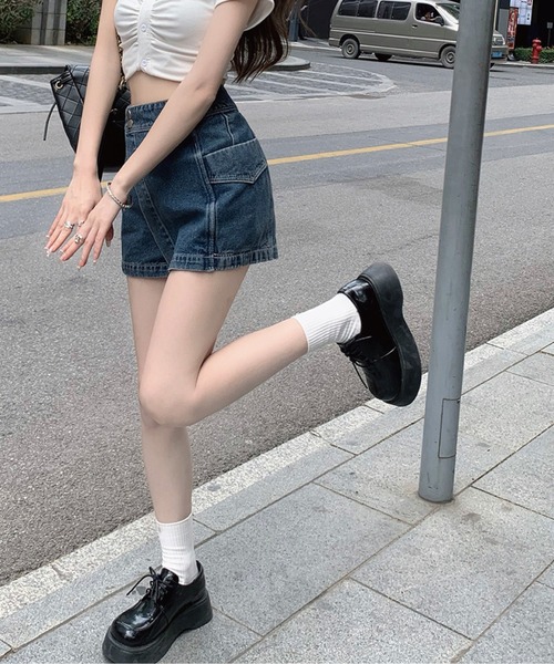 meJane（ミージェーン）の「ハイウエストデニムラップスカパン（デニムスカート・レディース・ブルー/スミクロ・S/M/L）」の12枚目の写真