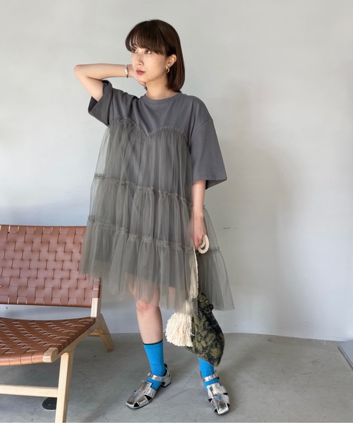 SANSeLF(サンセルフ)の「ハーフスリーブチュールワンピース【SANSeLF】sanw23s020(ワンピース・レディース・ブラック/グレー・FREE)」の7枚目の写真