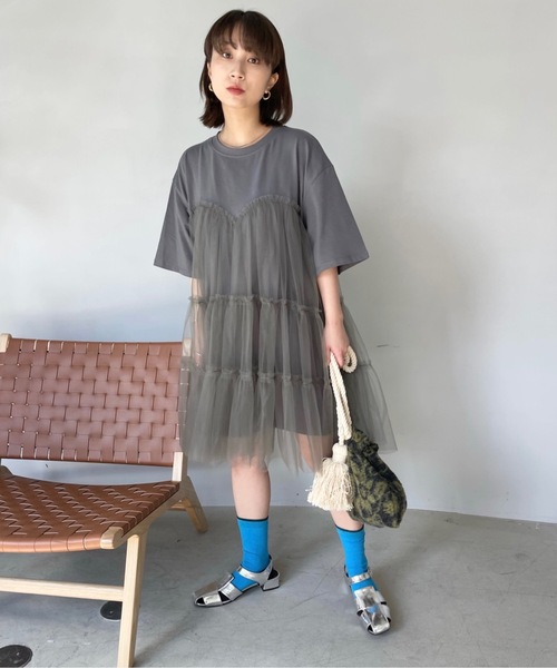 SANSeLF(サンセルフ)の「ハーフスリーブチュールワンピース【SANSeLF】sanw23s020(ワンピース・レディース・ブラック/グレー・FREE)」の21枚目の写真