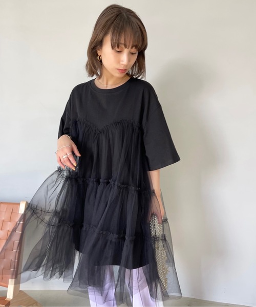 SANSeLF(サンセルフ)の「ハーフスリーブチュールワンピース【SANSeLF】sanw23s020(ワンピース・レディース・ブラック/グレー・FREE)」の16枚目の写真