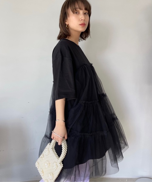 SANSeLF(サンセルフ)の「ハーフスリーブチュールワンピース【SANSeLF】sanw23s020(ワンピース・レディース・ブラック/グレー・FREE)」の20枚目の写真