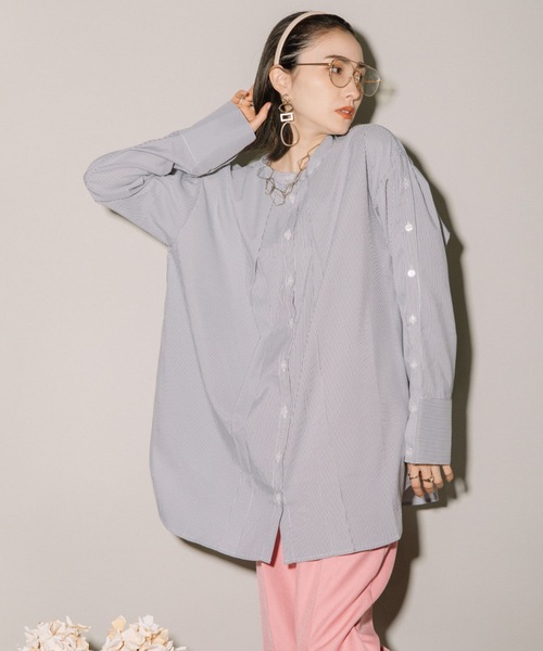 MHBG TOKYO(エムエイチビージートーキョー)の「先染めストライプオープンスリーブBL(シャツ/ブラウス・レディース・ブラック/ライトブルー・MEDIUM)」の8枚目の写真