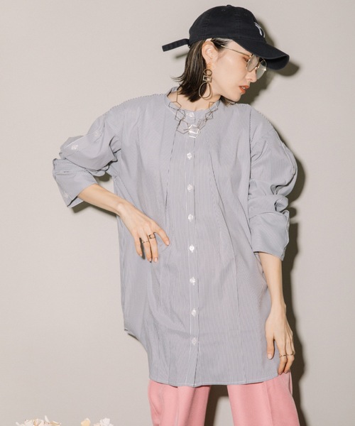 MHBG TOKYO(エムエイチビージートーキョー)の「先染めストライプオープンスリーブBL(シャツ/ブラウス・レディース・ブラック/ライトブルー・MEDIUM)」の10枚目の写真