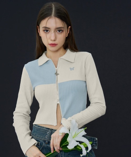 FANCY CLUB(ファンシークラブ)の「A'GEM/9 × .kom『 FANCY CLUB/ファンシークラブ』PATCHWORK CUTTING COLLAR ZIP-UP/パッチワークジップアップ(Tシャツ/カットソー・レディース・ブルー/ブラック・FREE)」の2枚目の写真