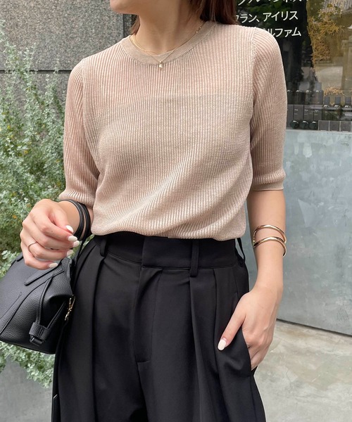 CAPRICIEUX LE'MAGE（カプリシューレマージュ）の「シアーリブハーフスリーブプルオーバー（ニット/セーター・レディース・ブラック/ベージュ/ホワイト系その他・FREE）」の3枚目の写真