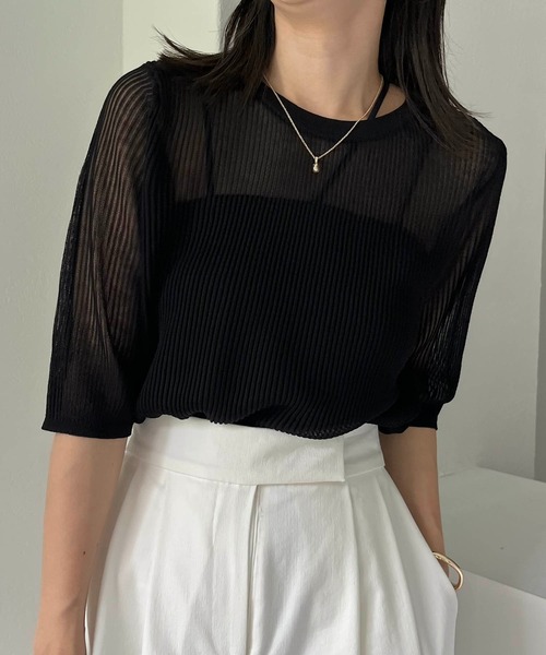 CAPRICIEUX LE'MAGE（カプリシューレマージュ）の「シアーリブハーフスリーブプルオーバー（ニット/セーター・レディース・ブラック/ベージュ/ホワイト系その他・FREE）」の6枚目の写真