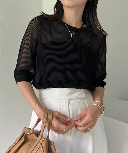 CAPRICIEUX LE'MAGE（カプリシューレマージュ）の「シアーリブハーフスリーブプルオーバー（ニット/セーター・レディース・ブラック/ベージュ/ホワイト系その他・FREE）」の12枚目の写真