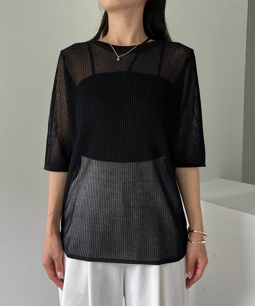 CAPRICIEUX LE'MAGE（カプリシューレマージュ）の「シアーリブハーフスリーブプルオーバー（ニット/セーター・レディース・ブラック/ベージュ/ホワイト系その他・FREE）」の9枚目の写真