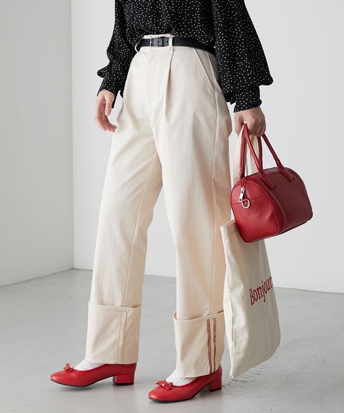 BONLECILL（ボンルシール）の「カラーステッチロールアップハイウエストチノパンツ（チノパンツ・レディース・ネイビー/カーキ/アイボリー/ベージュ・S/M/L）」の3枚目の写真