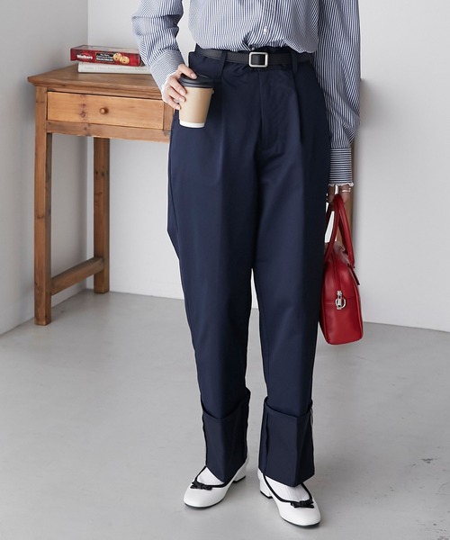 セール】カラーステッチロールアップハイウエストチノパンツ