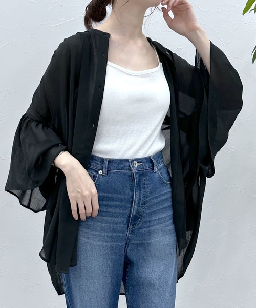 LEPSIM（レプシィム）の「シアーチュニック5分袖羽織り　961211（シャツ/ブラウス・レディース・キャメル/ブルー/ブラック/オフホワイト・FREE）」の2枚目の写真