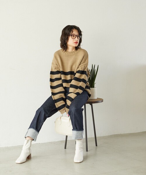 FREAK'S STORE(フリークスストア)の「限定展開 MACOBER×FREAK'S STORE/マコバー ボーダー ガンジーセーター(ニット/セーター・レディース・ベージュ/ネイビー/レッド/グリーン・フリ-)」の10枚目の写真