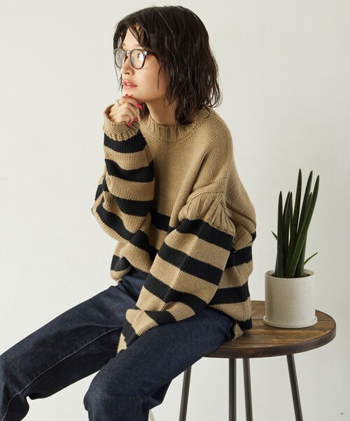 FREAK'S STORE(フリークスストア)の「限定展開 MACOBER×FREAK'S STORE/マコバー ボーダー ガンジーセーター(ニット/セーター・レディース・ベージュ/ネイビー/レッド/グリーン・フリ-)」の12枚目の写真