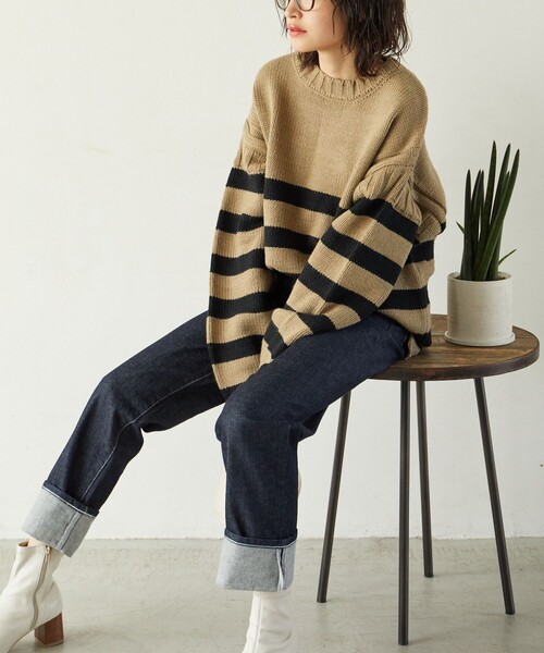 FREAK'S STORE(フリークスストア)の「限定展開 MACOBER×FREAK'S STORE/マコバー ボーダー ガンジーセーター(ニット/セーター・レディース・ベージュ/ネイビー/レッド/グリーン・フリ-)」の13枚目の写真