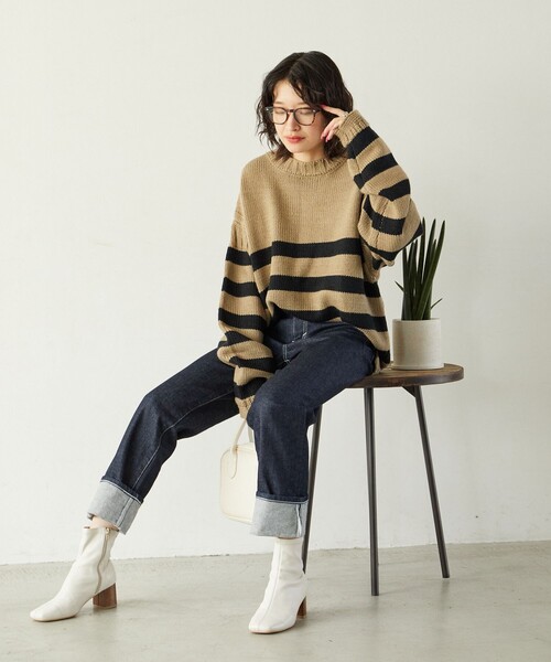 FREAK'S STORE(フリークスストア)の「限定展開 MACOBER×FREAK'S STORE/マコバー ボーダー ガンジーセーター(ニット/セーター・レディース・ベージュ/ネイビー/レッド/グリーン・フリ-)」の14枚目の写真