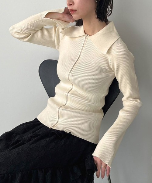 Jewelobe（ジュエローブ）の「ワイドカラーダブルジップフィットニット（カーディガン/ボレロ・レディース・アイボリー/ブラック・FREE）」の2枚目の写真